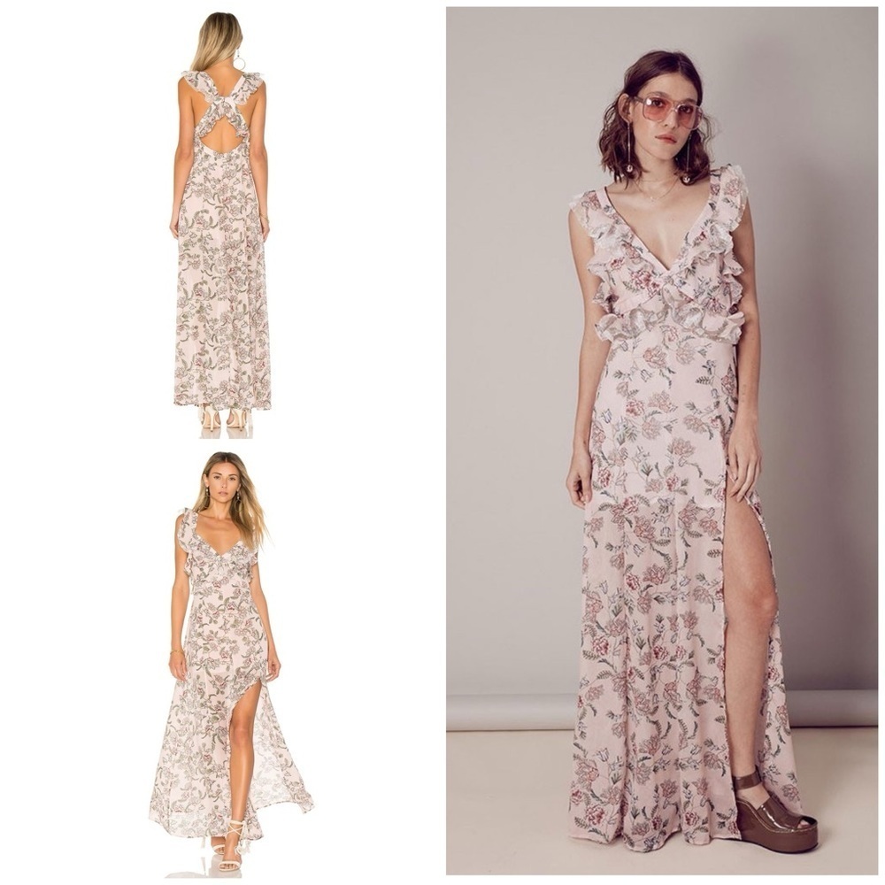 NWT For Love and Lemons Bee Balm Floral Ruffle Lace Cut Out Maxi Dress M​​​​